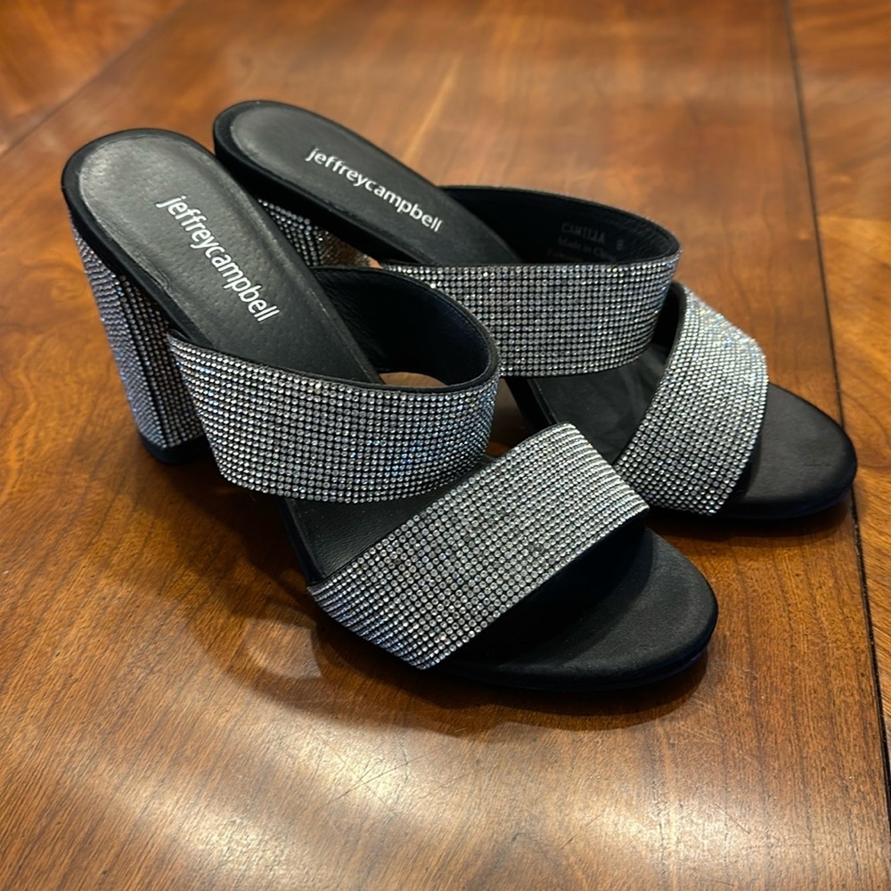Jeffrey Campbell Camilla Caviar Crystal Sparkle Slide Heels Silver Black Sz 8